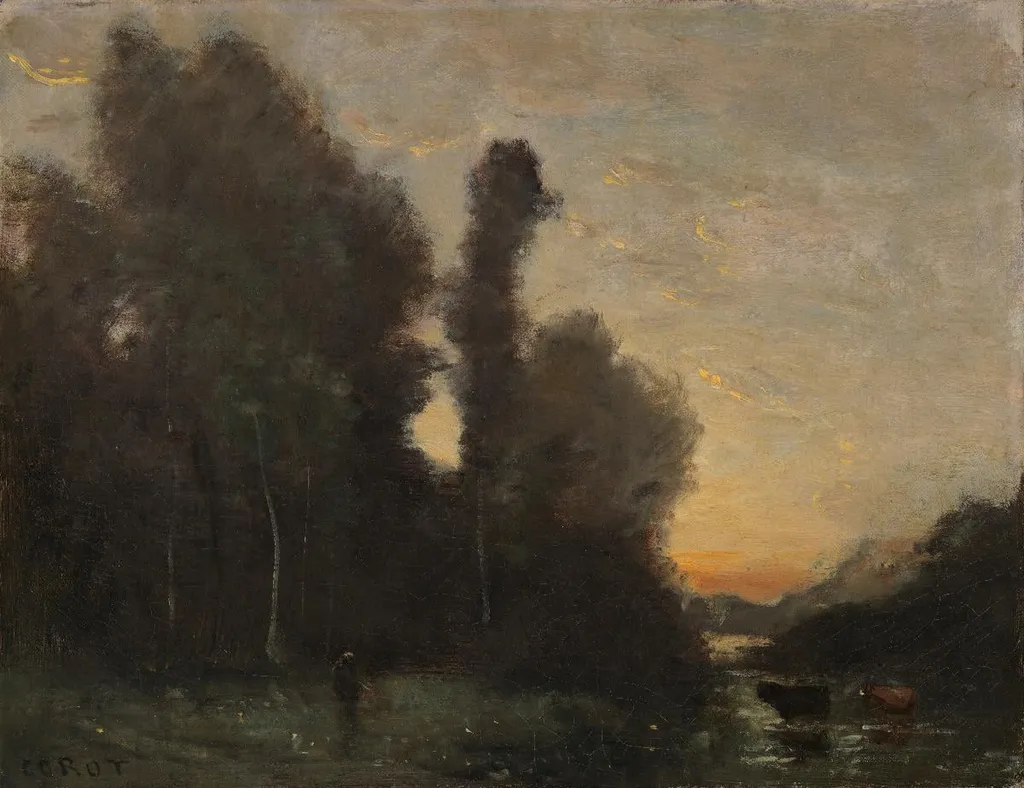 Maisema, iltatunnelma, by Jean Baptiste Camille Corot, unspecified