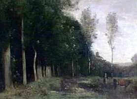 Paysage boisé en vue d'un village, by Jean Baptiste Camille Corot, oil, 1860