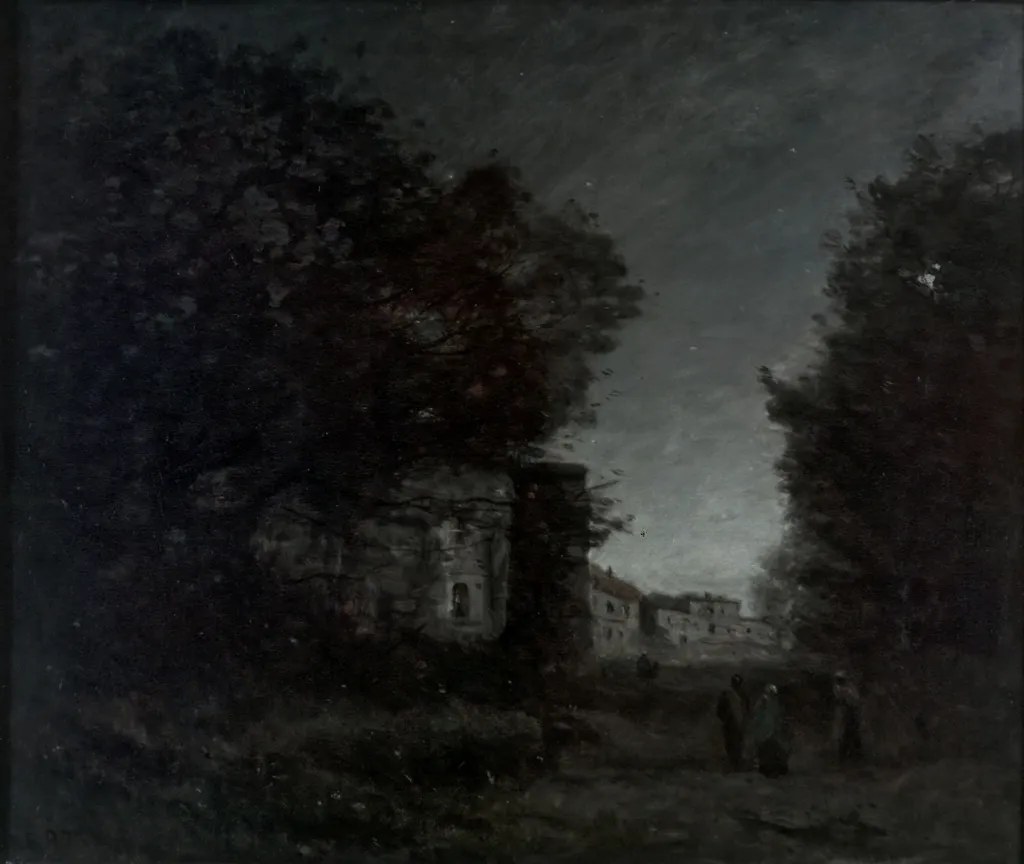 Romantisches Schloß bei Mondschein, by Jean Baptiste Camille Corot, oil, 1867