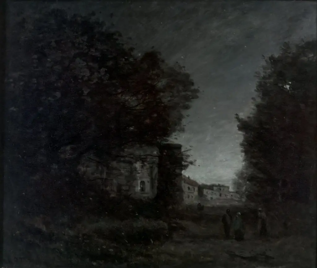 Romantisches Schloß bei Mondschein, by Jean Baptiste Camille Corot