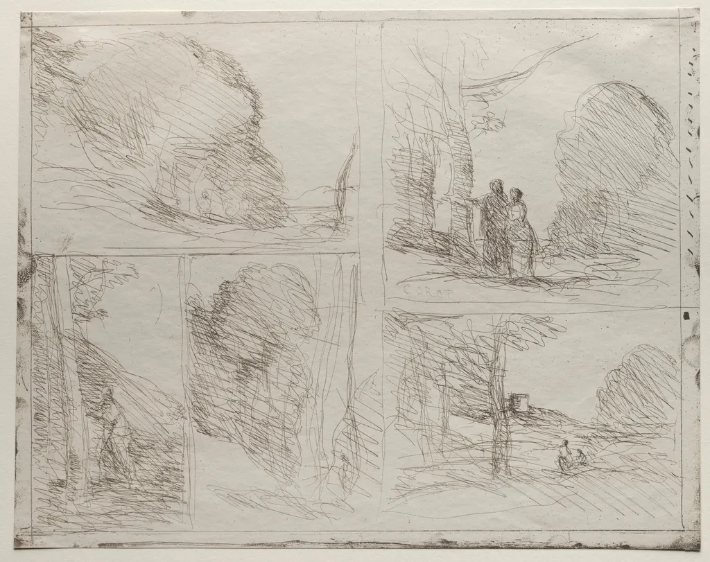 The Garden of Pericles; The Painter's Lane; Scrawl; The Large Woodcutter; The Tower of Henry VIII, by Jean Baptiste Camille Corot, 1856