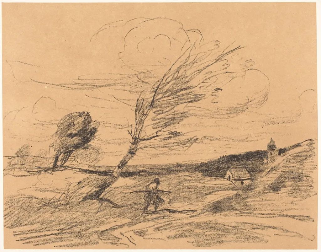 The Gust of Wind (Le Coup de vent), by Jean Baptiste Camille Corot, ink, 1871