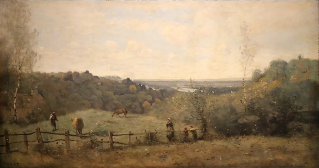 The heights above Sèvres. Enclosed pasture., by Jean Baptiste Camille Corot, oil, 1867