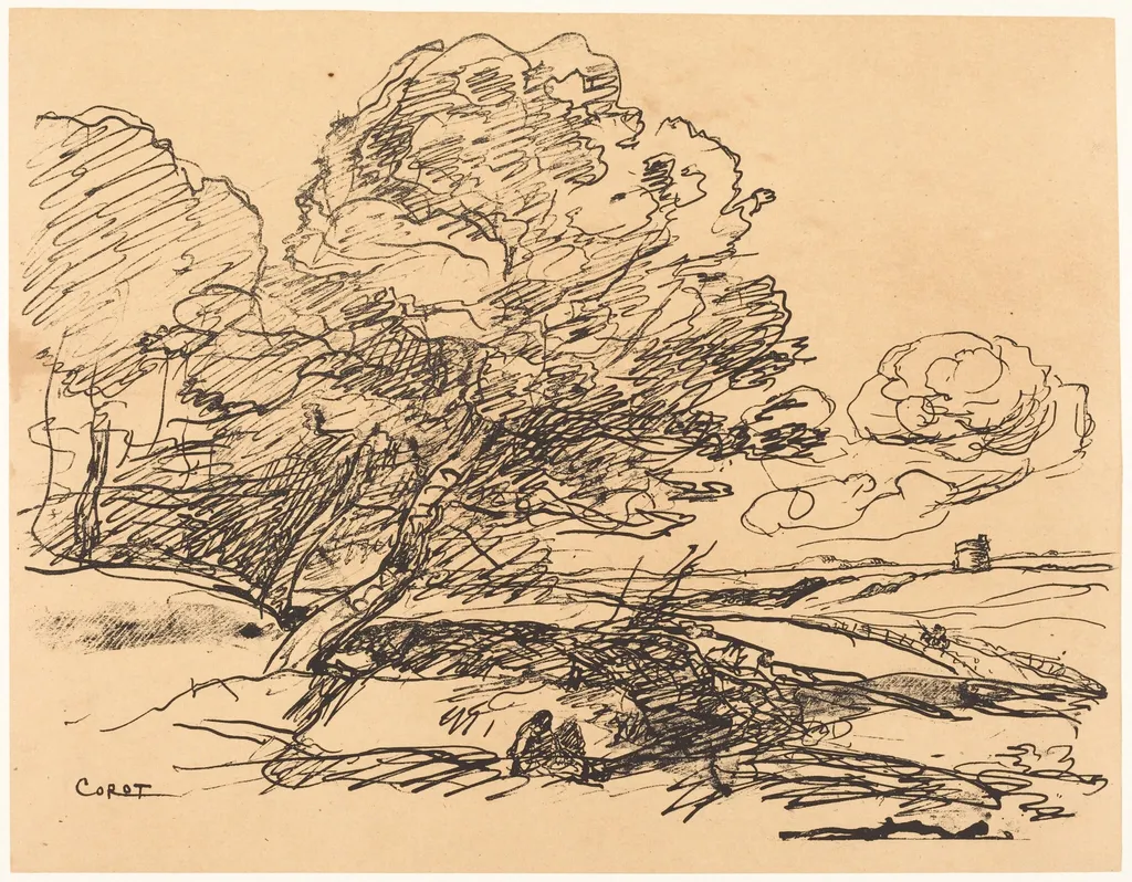 The Lonely Tower (La Tour isolee), by Jean Baptiste Camille Corot, ink, 1871