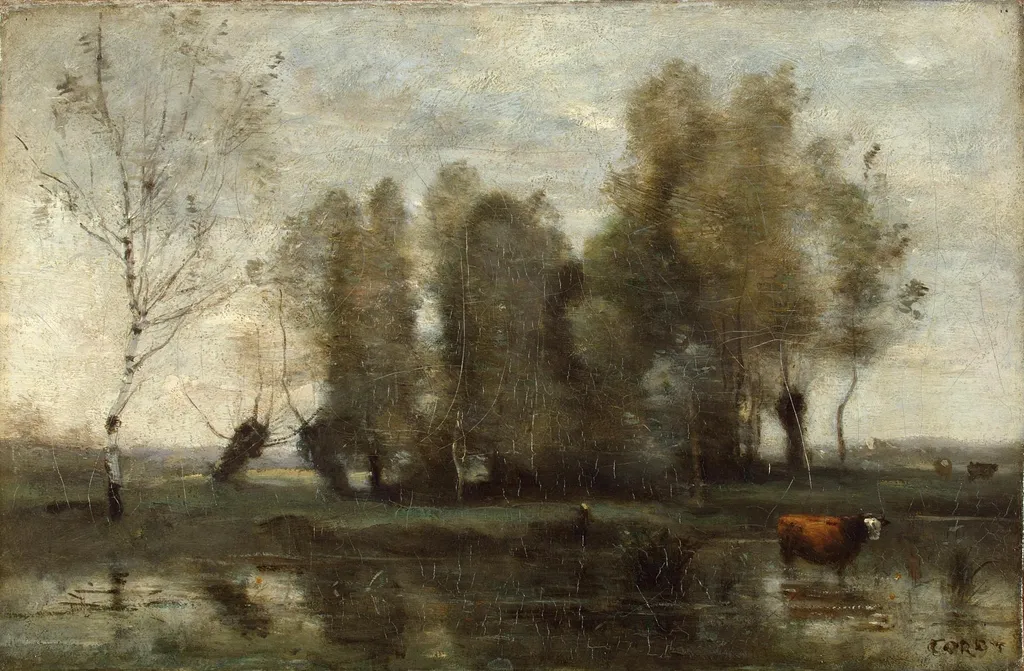 Trees in a Swamp, by Jean Baptiste Camille Corot, oil, 1857