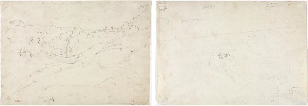 View of Marino (recto); Sketch for a Landscape (verso), by Jean Baptiste Camille Corot, 1827