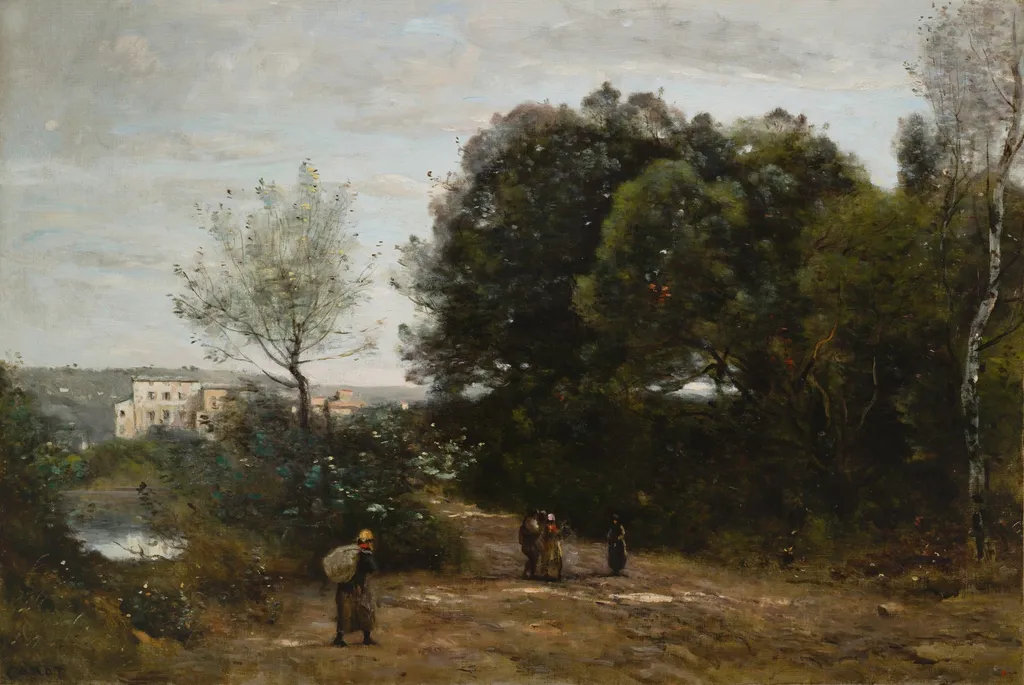 Ville d'Avray: Pathway at the Pond, by Jean Baptiste Camille Corot, oil, 1867