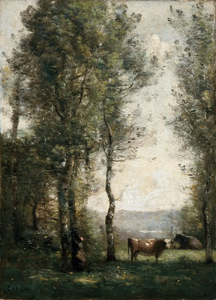 Wooded Landscape with Cows in a Clearing, by Jean Baptiste Camille Corot