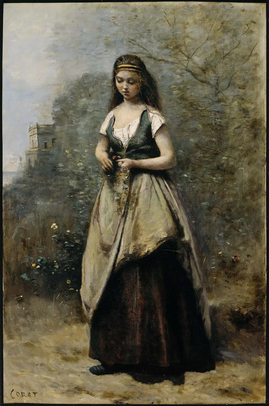 Young Woman Weaving a Wreath of Flowers, by Jean Baptiste Camille Corot, oil, 1868