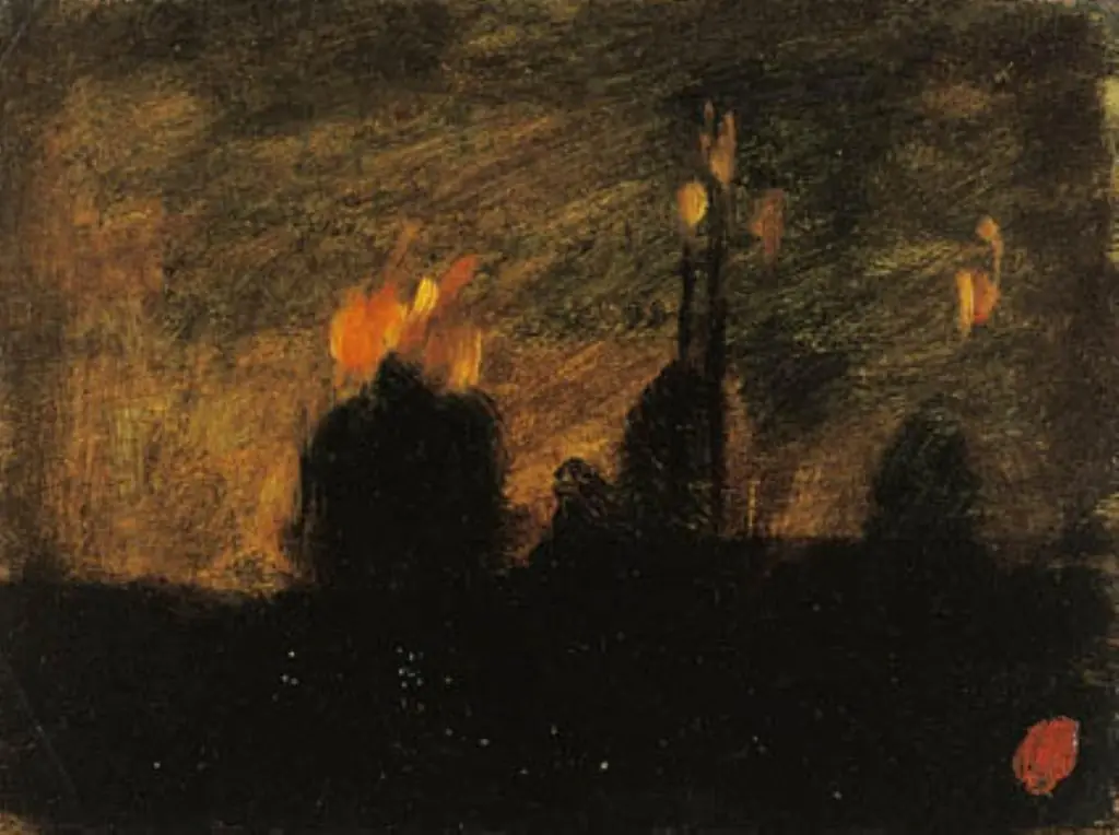 Nattestemning med ildebrande i St-Vast-là-haut nær Valenciennes., by Jean-Baptiste Carpeaux