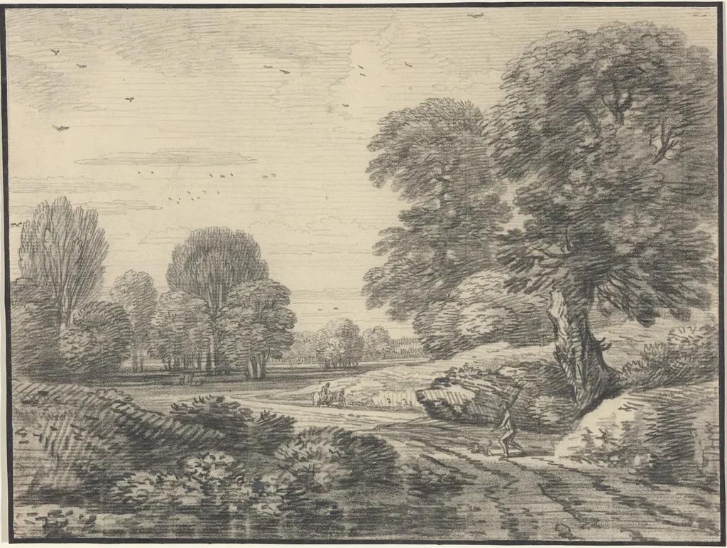 Travelers on a Road in a Wooded Landscape, by Jean Baptiste Claude Chatelain, chalk, 1740