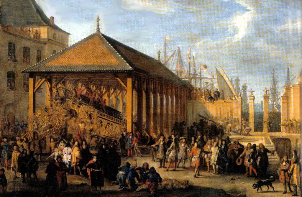 Le Marquis de Seignelay et le duc de Vivonne visitent la galère Réal dans l'arsenal de Marseille vers 1677., by Jean-Baptiste de La Rose