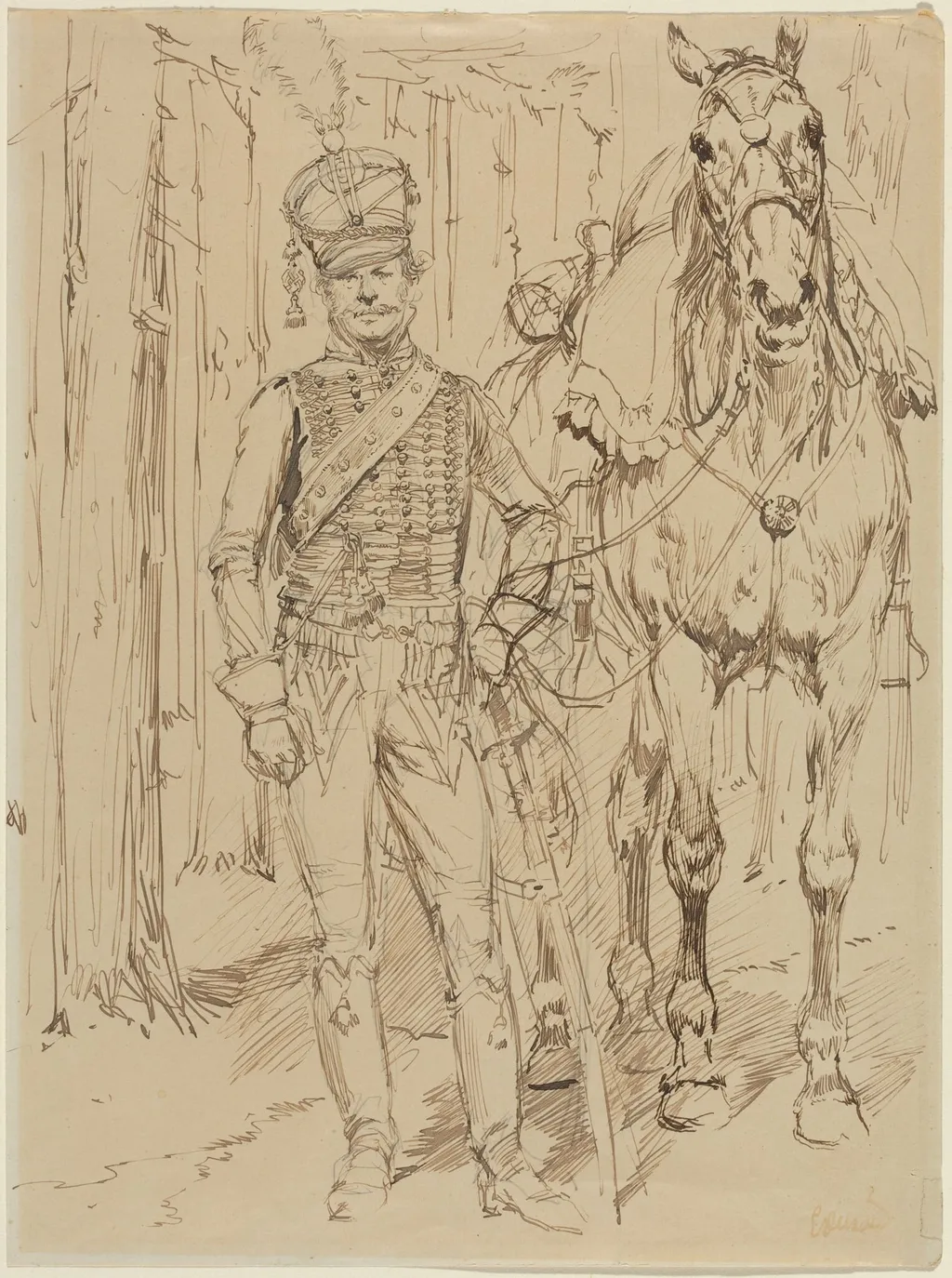 A French Hussar Leading a Horse, by Jean-Baptiste Edouard Detaille, ink, 1850