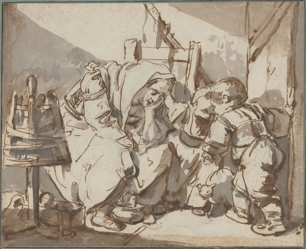 A Tired Woman with Two Children, by Jean-Baptiste Greuze, chalk, 1756