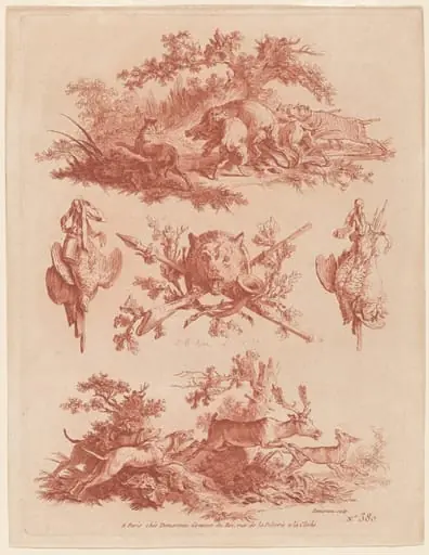 Hunting Trophies and Vignettes with Dogs Chasing a Boar and a Stag, by Jean-Baptiste Hüet