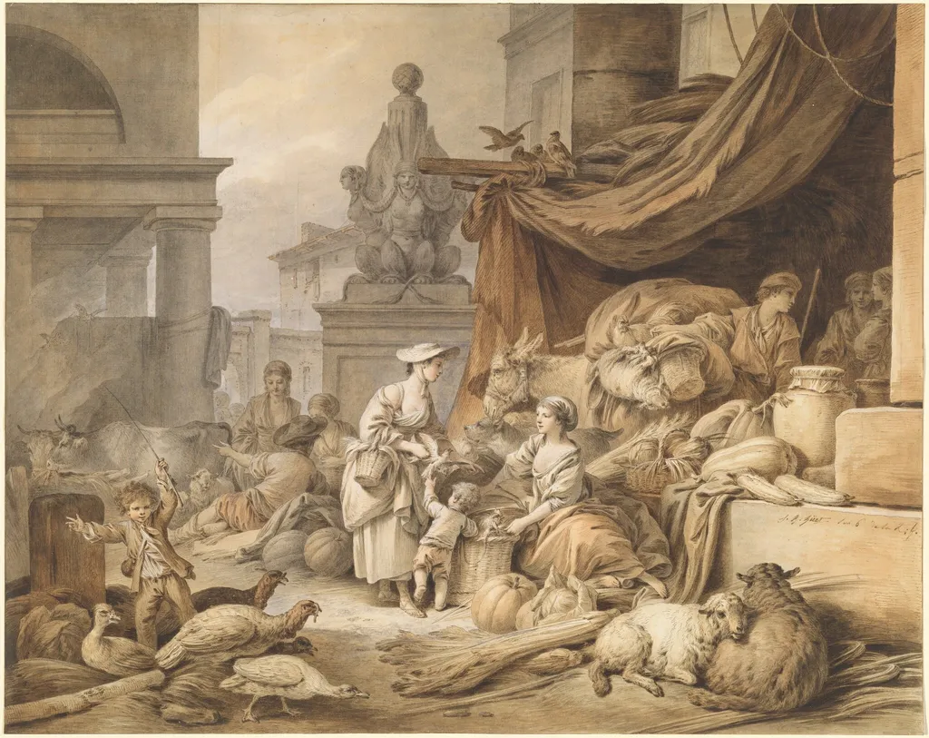 Market Scene with a Fantastic Sculpture, by Jean-Baptiste Hüet, ink, 1798