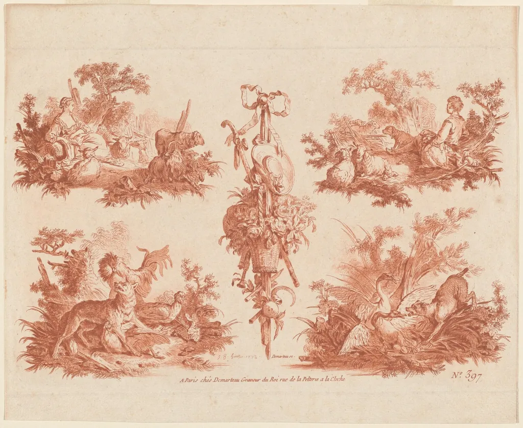 Two Pastoral Vignettes, Two Hunting Vignettes, and a Trophy, by Jean-Baptiste Hüet, chalk, 1774