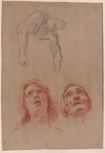 Man Reaching Down and Two Studies of Heads (recto), by Jean-Baptiste Jouvenet