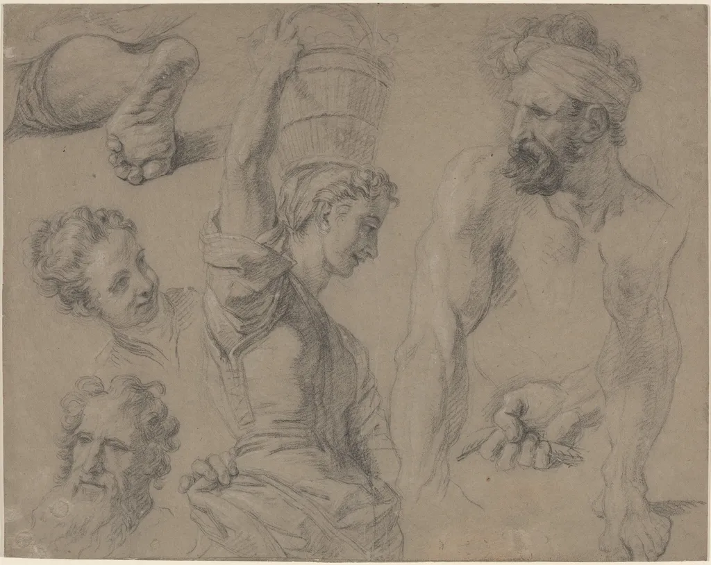 Study for Miraculous Draught of Fishes (?), by Jean-Baptiste Jouvenet, chalk, 1680