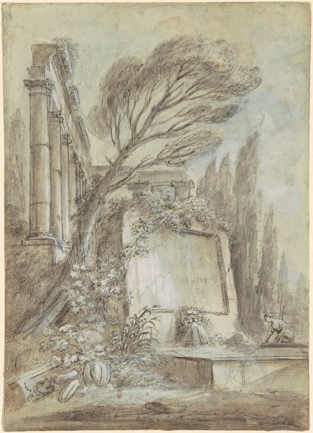 Architectural Fantasy of Roman Ruins with an Inscription Plaque, by Jean-Baptiste Lallemand, ink, 1768