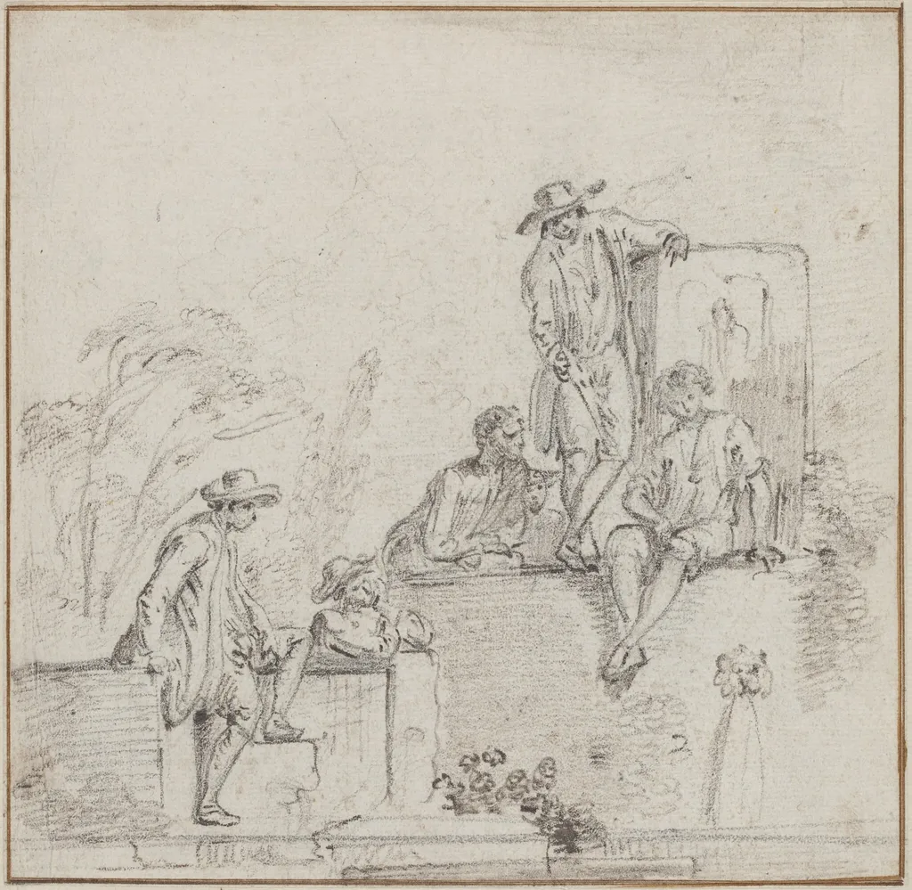 Figures Seated Around a Fountain, by Jean-Baptiste Lallemand, chalk, 1755