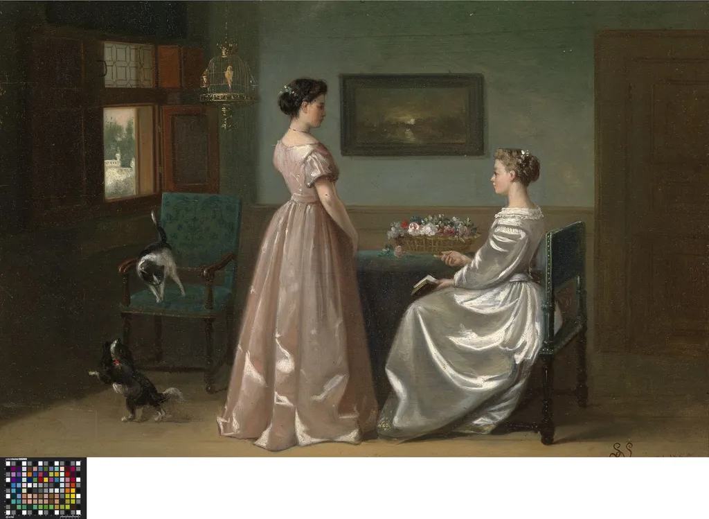 Dames in een salon, by Jean-Baptiste Lampe, oil, 1865