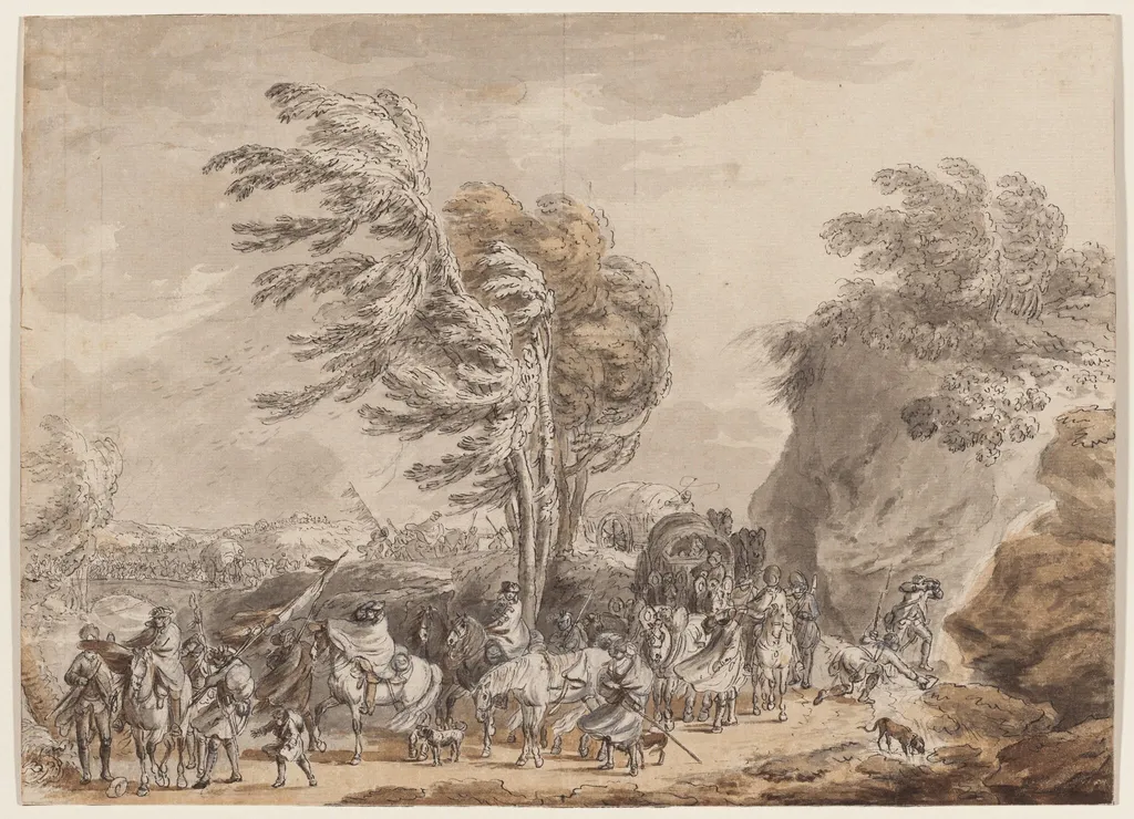 Soldiers in a Windy Landscape, by Jean-Baptiste Le Paon, chalk, 1774