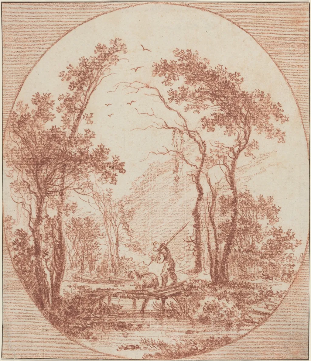 A Farmer and a Sheep Crossing a Rustic Bridge, by Jean-Baptiste Le Prince, chalk, 1758