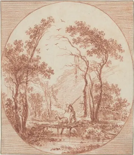 A Farmer and a Sheep Crossing a Rustic Bridge, by Jean-Baptiste Le Prince