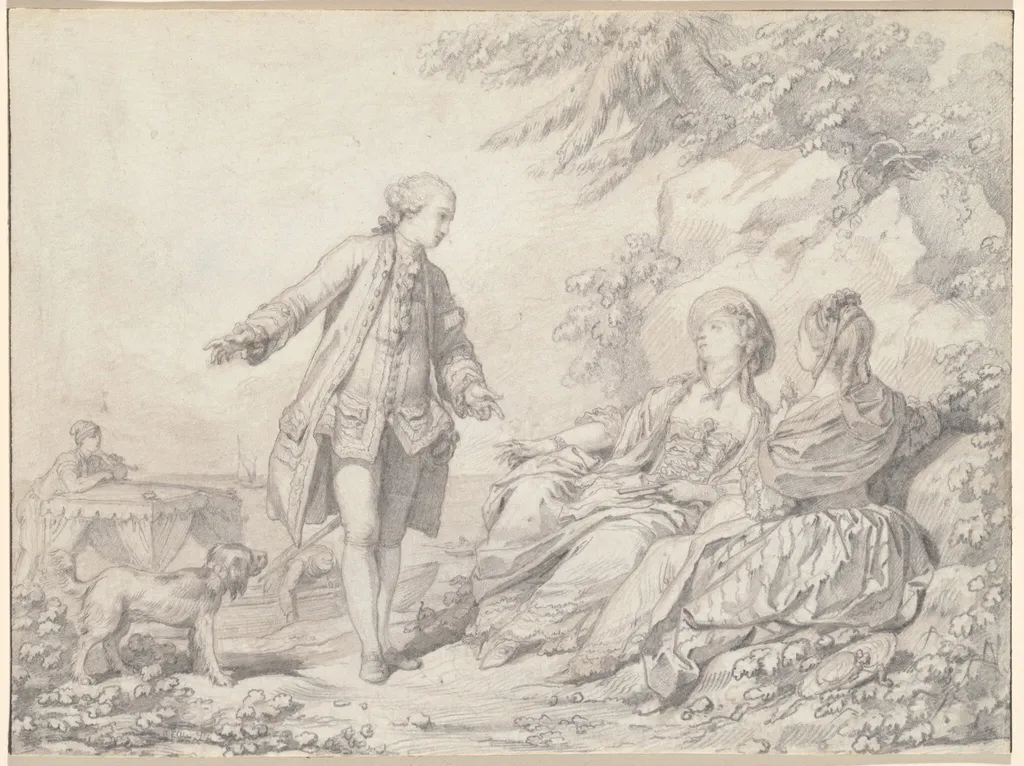 A Man and Two Women on a Rocky Shore, by Jean-Baptiste Le Prince, graphite, 1765