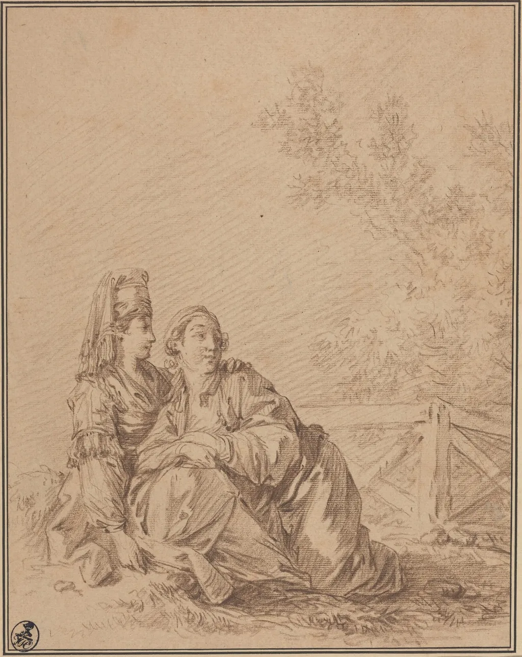 Two Russians Seated in Landscape, by Jean-Baptiste Le Prince, chalk, 1758