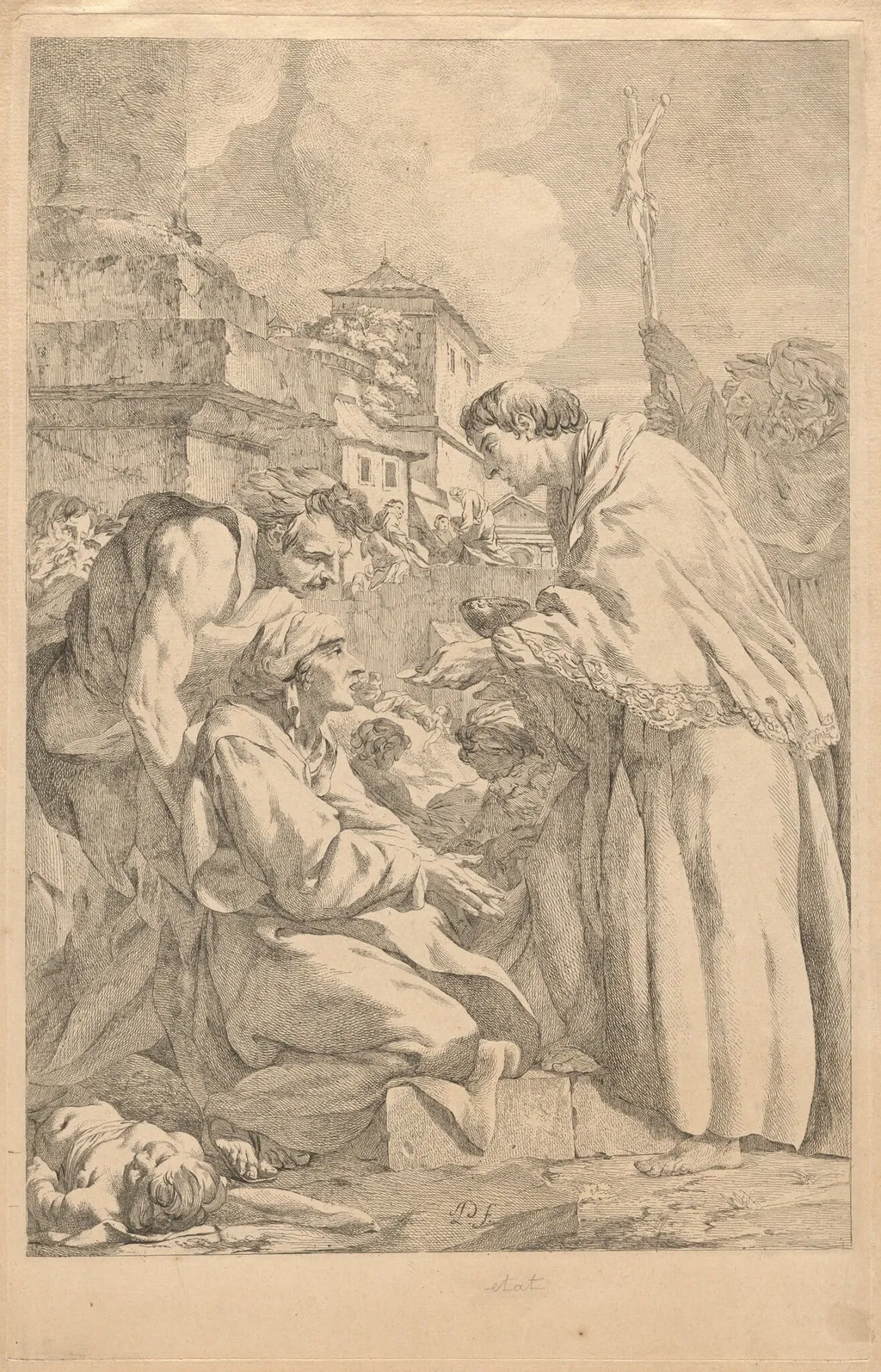 Saint Charles Borromeo Distributing Communion to the Victims of the Plague of 1576 in Milan, by Jean-Baptiste-Marie Pierre, ink, 1760
