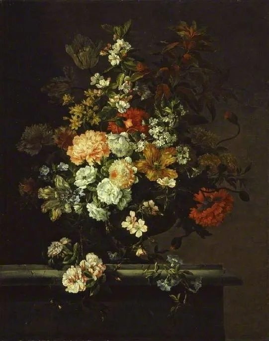 Still life of mixed flowers and a vase on a ledge, by Jean-Baptiste Monnoyer, oil, 1677
