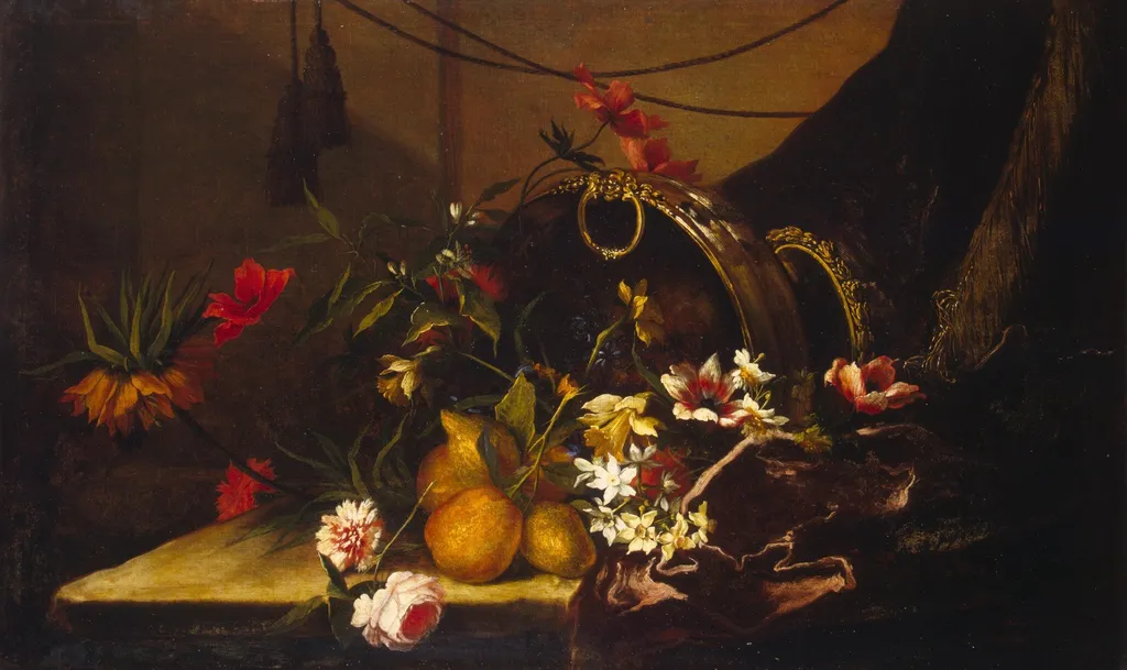 Still life with fruit and flowers, by Jean-Baptiste Monnoyer, oil, 1650