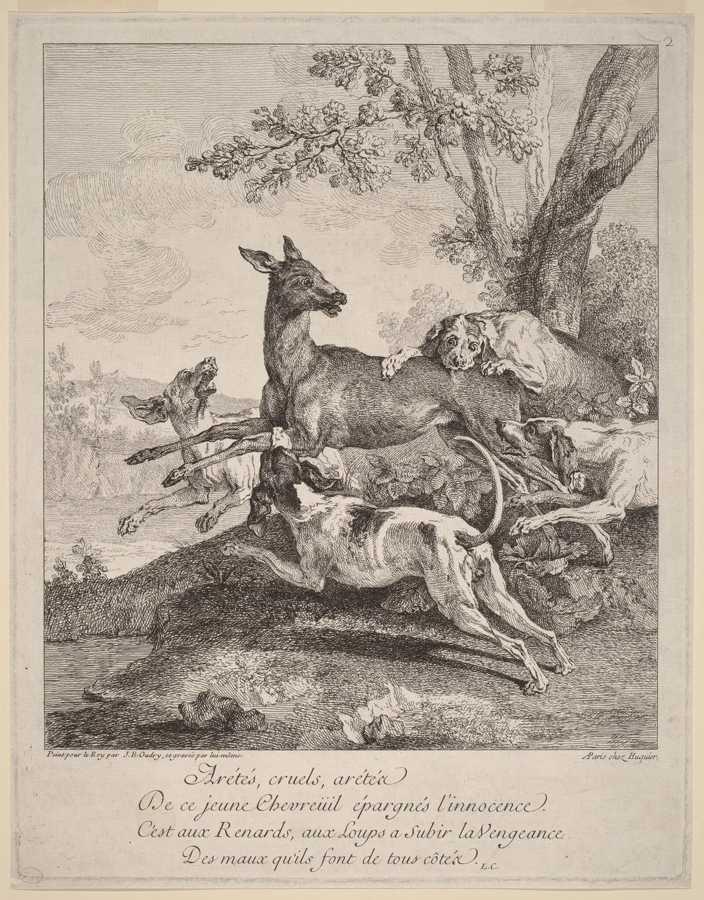 A Deer Attacked by Dogs, by Jean-Baptiste Oudry, ink, 1725