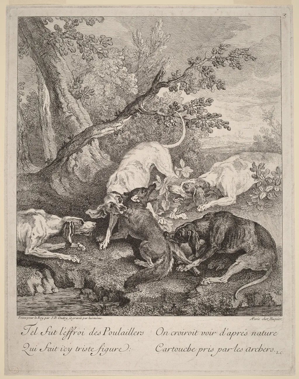 A Fox Attacked by Dogs, by Jean-Baptiste Oudry, ink, 1725