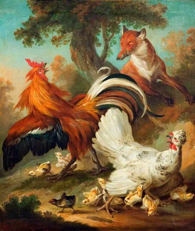 Cock, Hen and Chickens Surprised by a Fox, by Jean-Baptiste Oudry