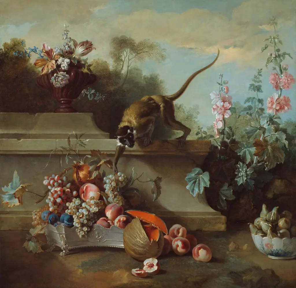Still Life with Monkey, Fruits, and Flowers, by Jean-Baptiste Oudry