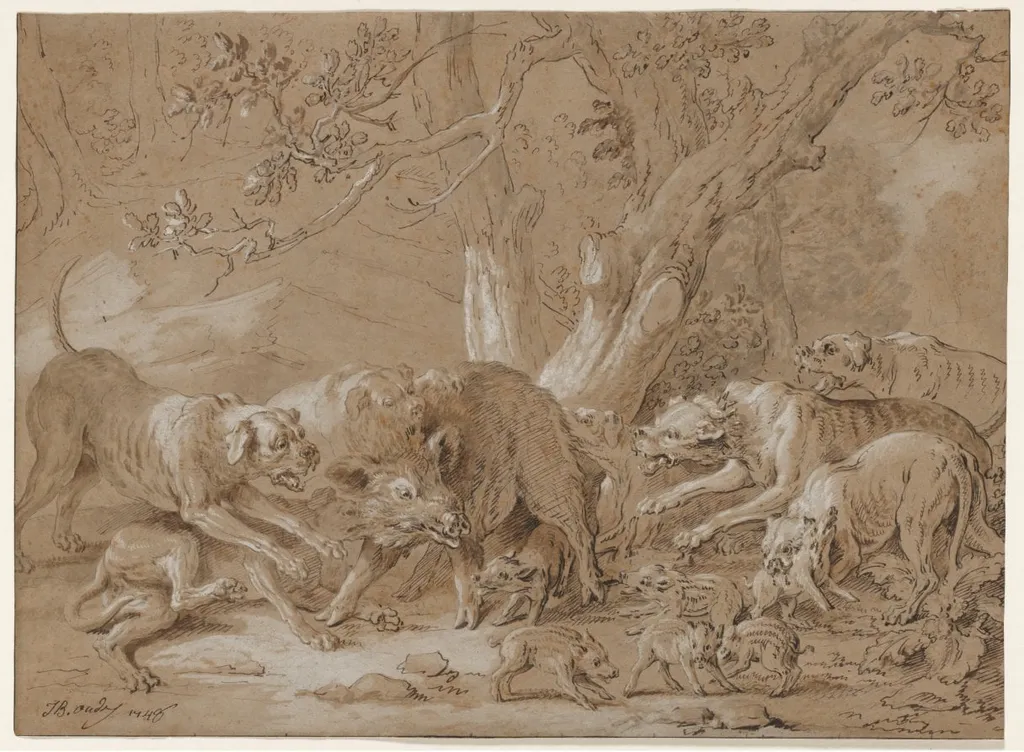 Wild Sow and Her Young Attacked by Dogs, by Jean-Baptiste Oudry, 1748