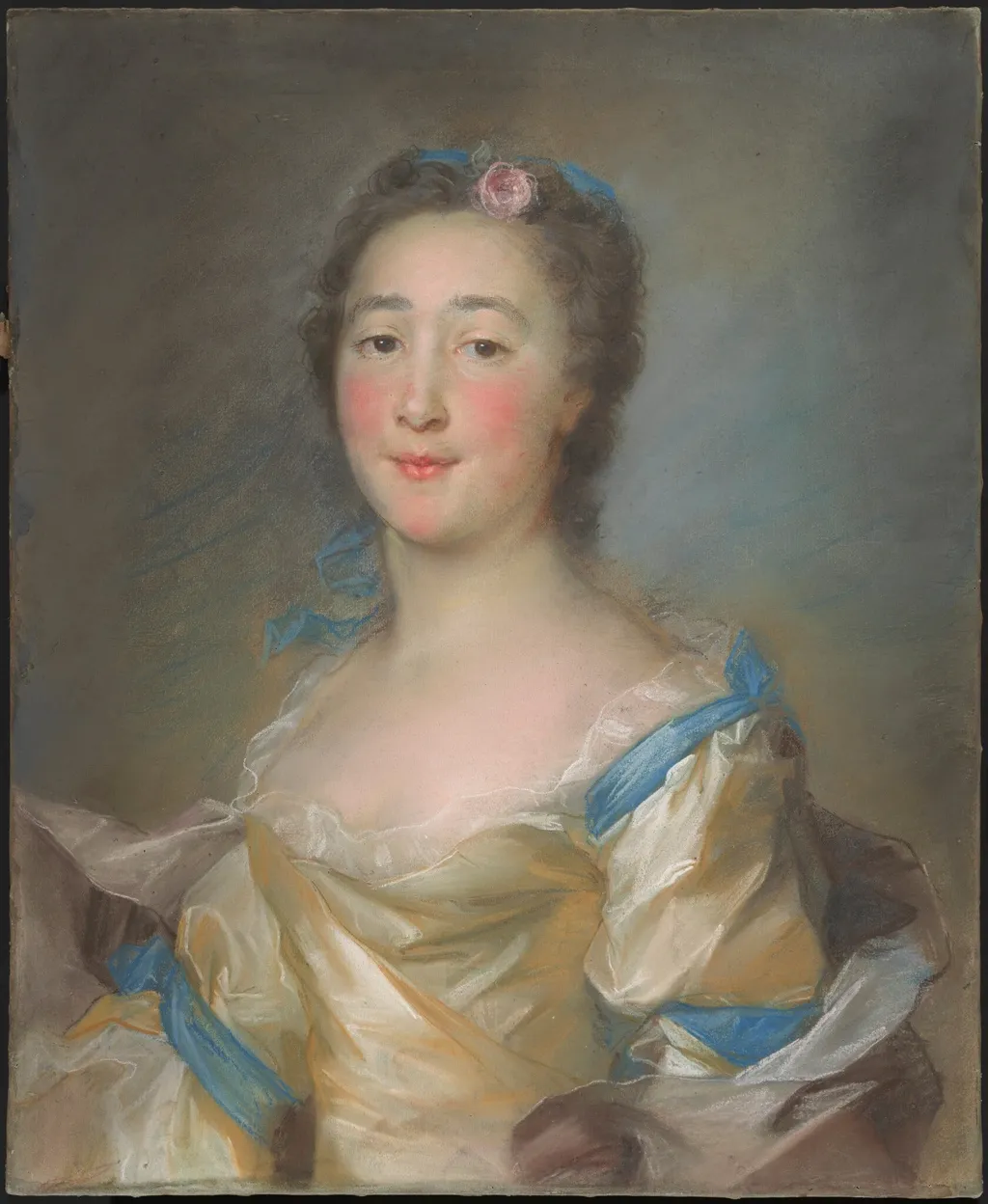 A Young Lady in a Yellow Gown with Blue Ribbons, by Jean-Baptiste Perronneau, pastel, 1767