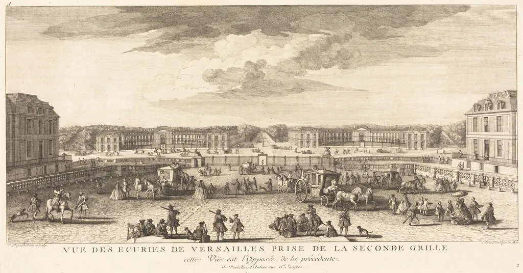 Vue des Ecuries de Versailles Prise de la Seconde Grille, by Jean-Baptiste Rigaud, ink, 1746