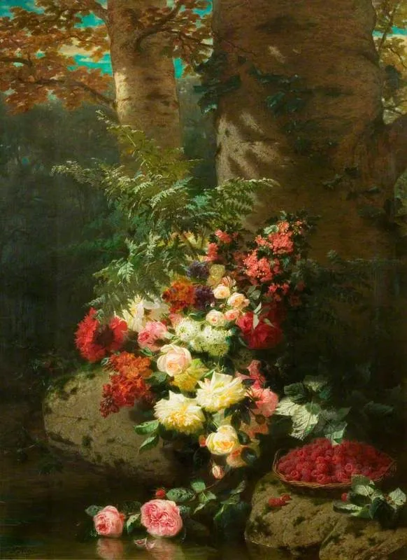 Flowers and Fruit, by Jean-Baptiste Robie, oil, 1863