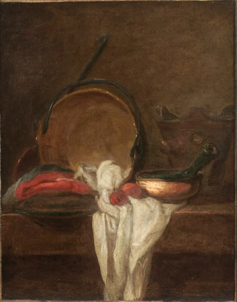 Cooking Pots and Ladle with a White Cloth, by Jean-Baptiste-Siméon Chardin