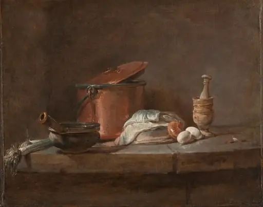 Kitchen Utensils with Leeks, Fish, and Eggs, by Jean-Baptiste-Siméon Chardin