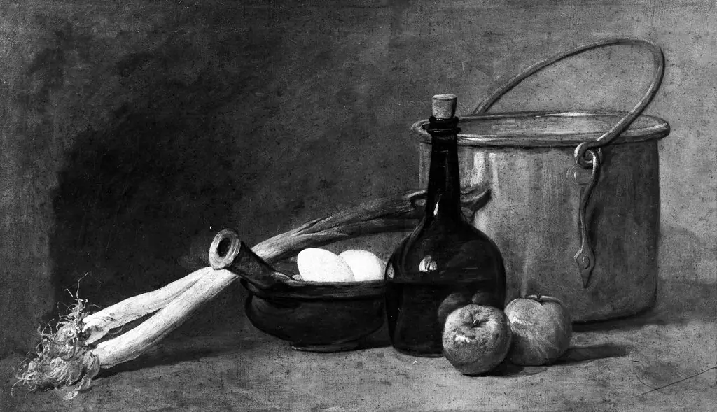 Still life with a copper kettle, bottle, bowl with eggs and two leek plants, by Jean-Baptiste-Siméon Chardin