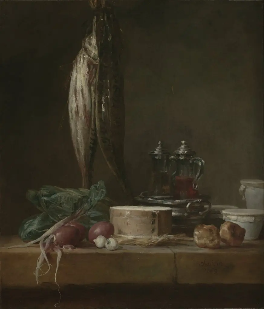 Still Life with Fish, Vegetables, Gougères, Pots, and Cruets on a Table, by Jean-Baptiste-Siméon Chardin