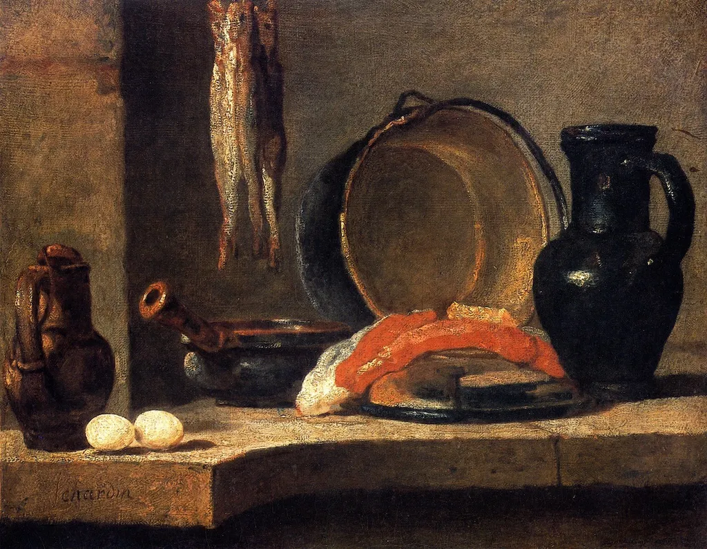Still Life with Herrings, by Jean-Baptiste-Siméon Chardin, unspecified, 1731
