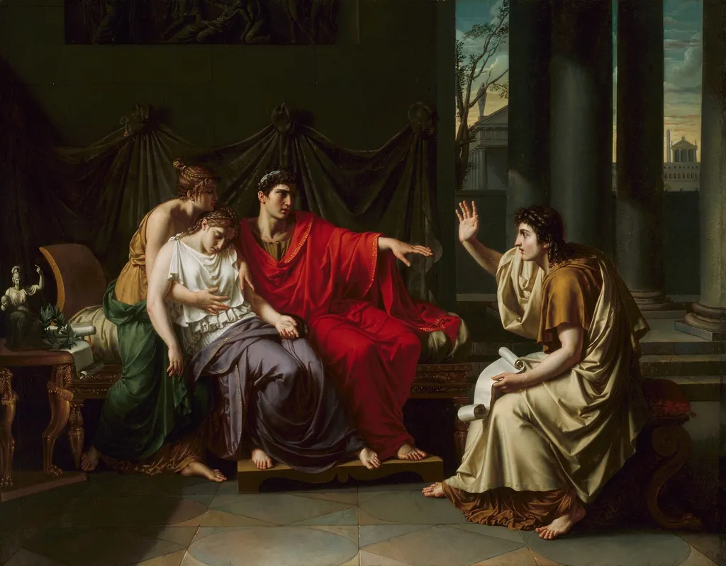 Virgil Reading the "Aeneid" to Augustus, Octavia, and Livia, by Jean-Baptiste Wicar, oil, 1796