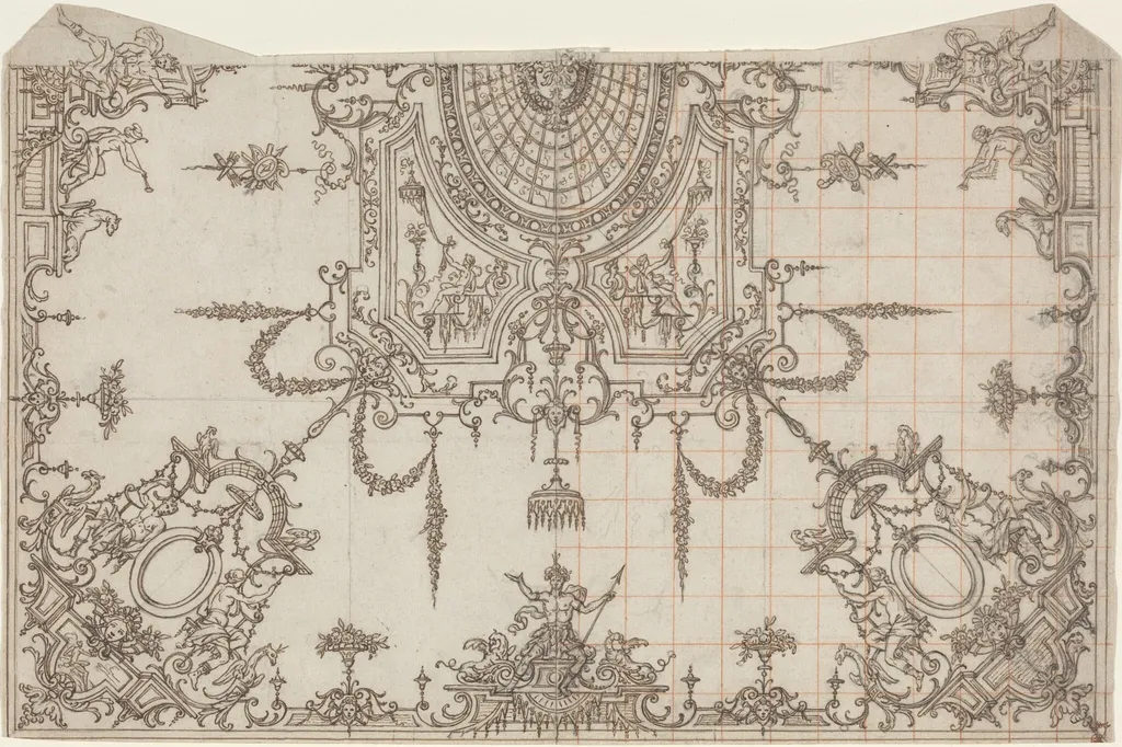 An Elaborate Ceiling with Trellises and Seated Figures, by Jean Bérain, chalk, 1700