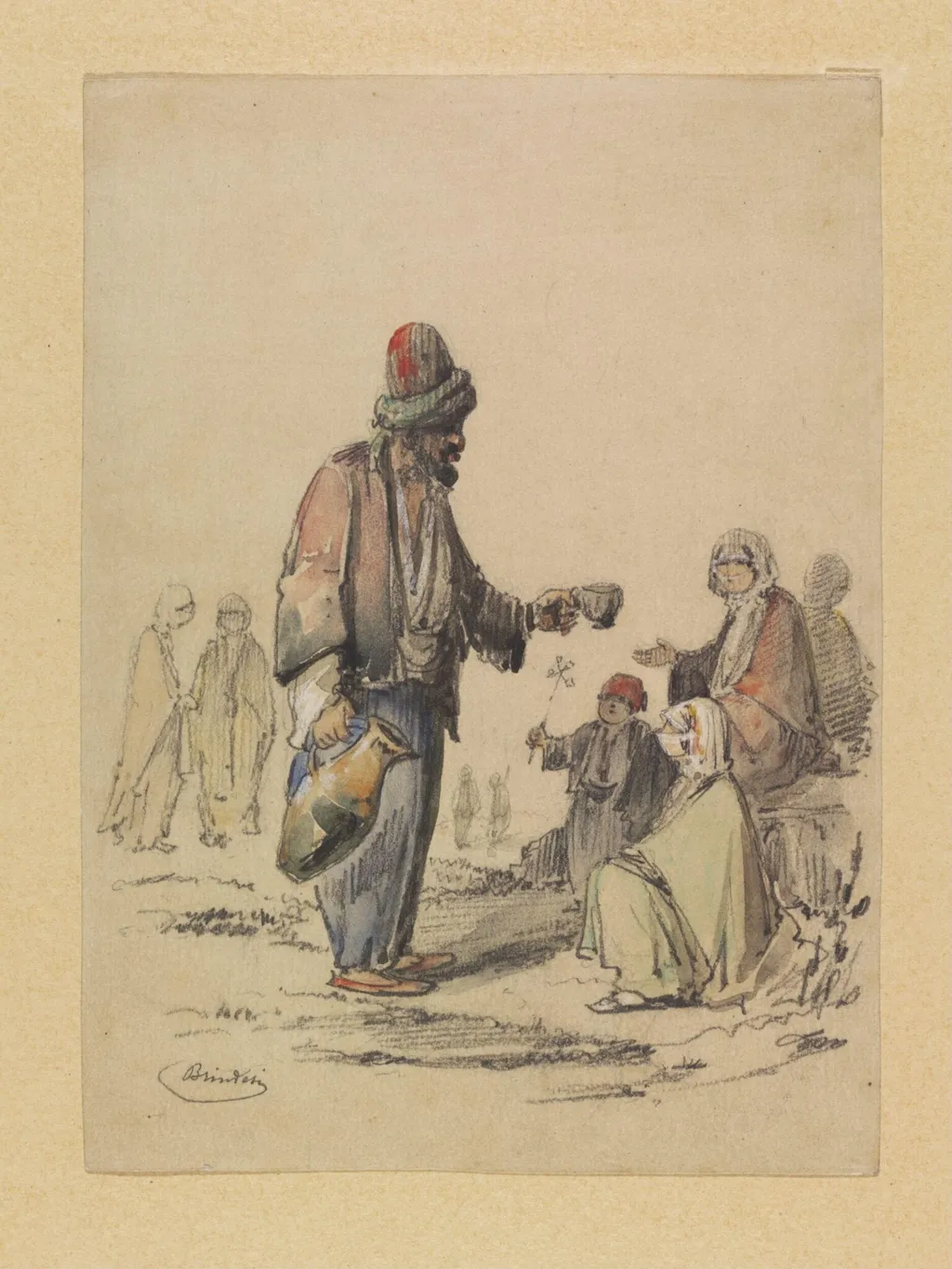 A Dervish offering water to resting women, by Jean Brindesi, watercolor, 1860